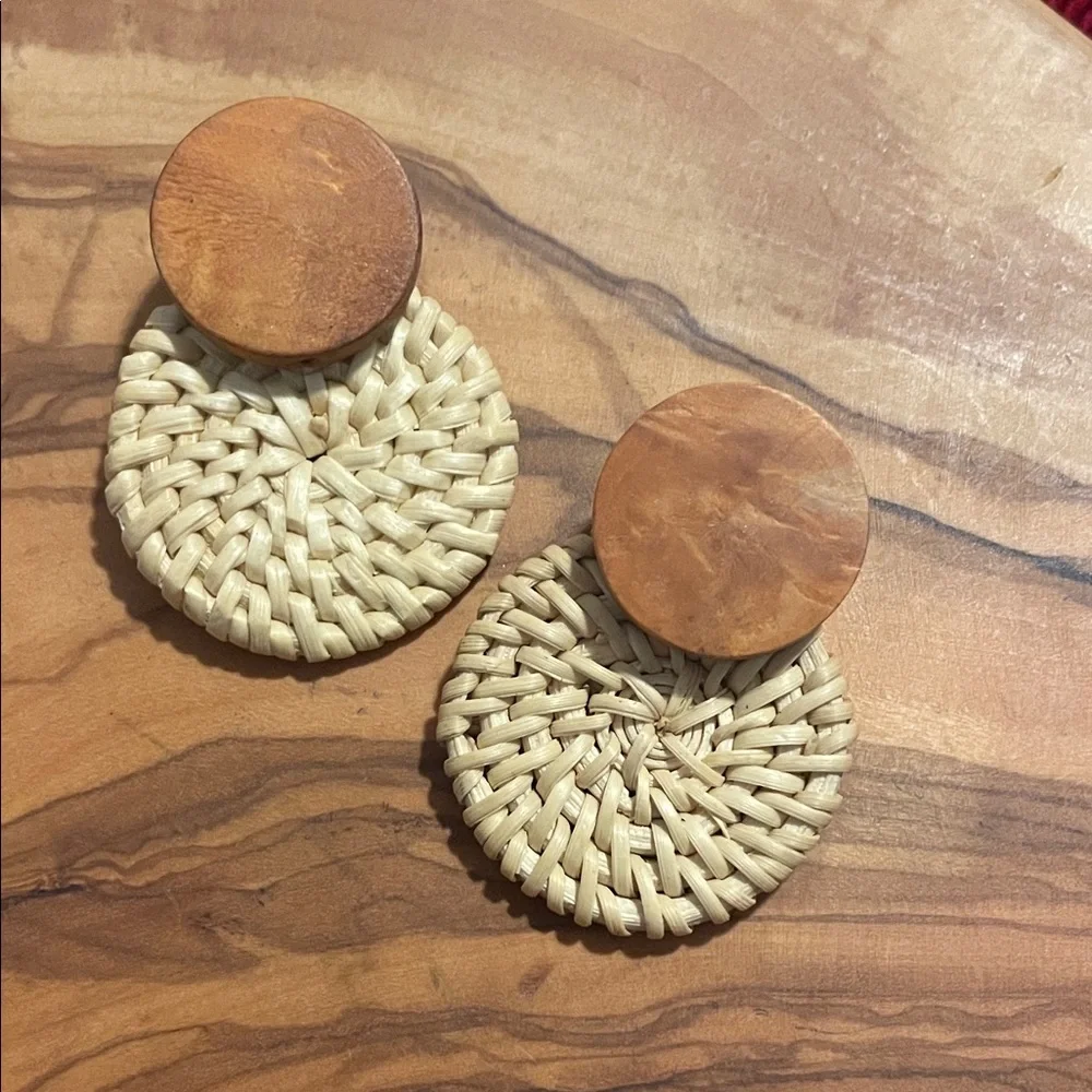 Wood and Woven Rattan Earrings